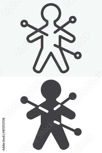 Voodoo doll with pins icon set in line and solid style. Outline and filled vector sign with editable stroke, ritual symbol icon for dark magic and occult themes.