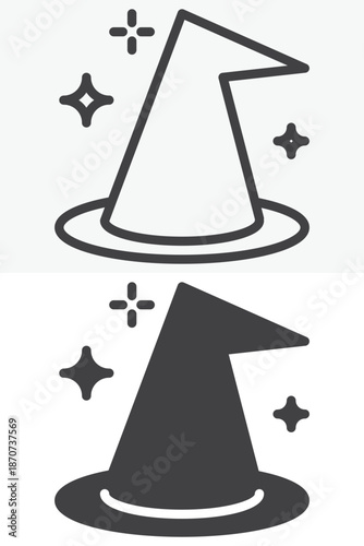 Witch hat icon set in line and solid style. Outline and filled vector sign with editable stroke, sorcery symbol icon for spells, halloween and fantasy design.