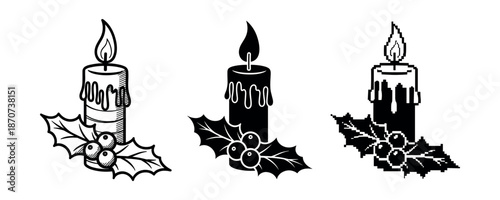 Black and white candles with holly berries in different artistic styles