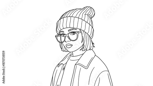 Stylish young woman in beanie and glasses, presented as a clean outline illustration, embodying casual fashion and modern youth culture aesthetic