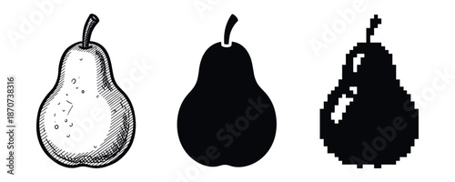 Three pear designs: sketch, solid, pixel art representations of fruit