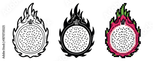 Dragon fruit logo design variations: outline, silhouette, and pixel art styles