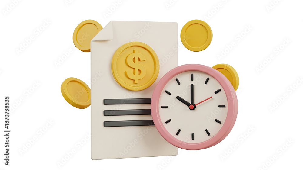 Obraz premium Time is Money Concept: Clock, Document, and Coins