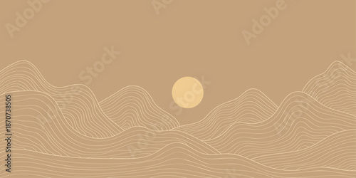 Abstract mountain landscape background – Minimal line art hills and sun in earth tone colors