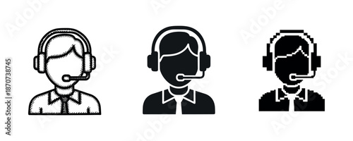 Vector icons of customer support representatives with headsets in sketched, solid, and pixel styles