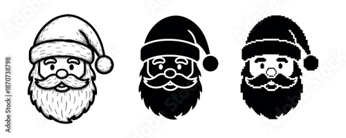 Santa claus faces: christmas cartoon, pixel, and sketch styles