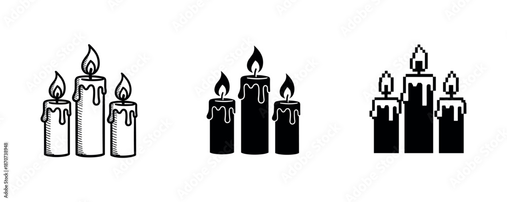 Obraz premium Minimalist candle icon set: three styles - line art, solid, pixel