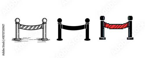 Illustration of three distinct stanchion barriers in various styles