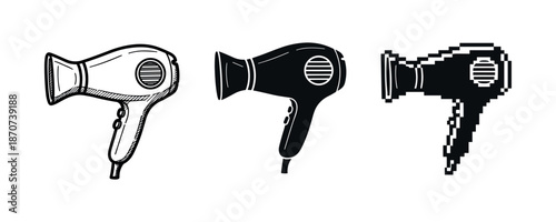 Evolution of hairdryer design: sketch, solid, pixel art styles