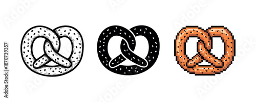 Artistic pretzel trio: sketch, silhouette, and pixel art styles