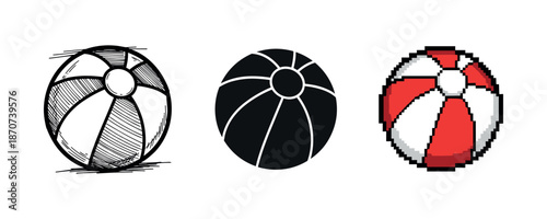 Beach balls in sketch, silhouette, and pixel art styles