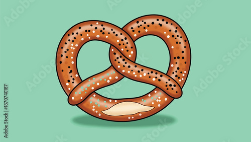 Classic pretzel with salt and sesame seeds on a green background