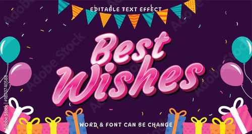 Vibrant 'Best Wishes' greeting card illustration featuring celebratory balloons, sparkling confetti, and colorful gift boxes for festive occasions