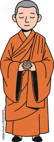 A male monk with a serene expression stands peacefully in an orange robe, holding his hands together in a gesture of prayer or respect.