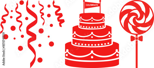 Red celebration icons: tiered cake, lollipop, streamers, and confetti.