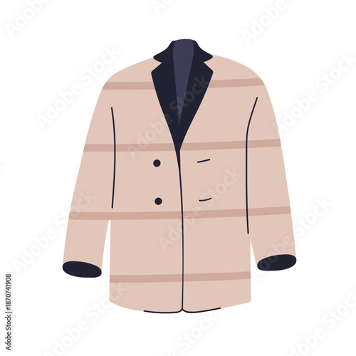 Short coat, jacket. Classic tailored outerwear for men. Elegant formal menswear, warm stylish apparel, clothing for autumn and winter. Flat vector illustration isolated on white background