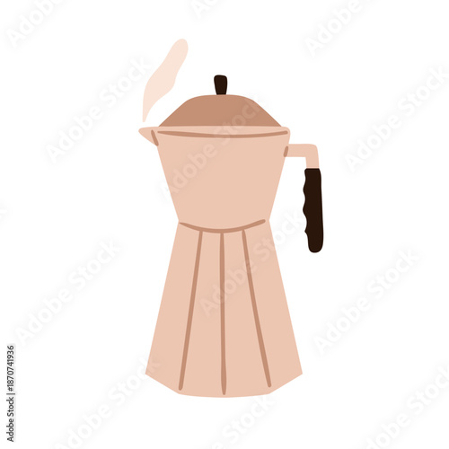 Moka pot, Italian espresso coffee maker with steam. Classic stovetop appliance for brewing hot beverage, drink. Metal kitchen utensil, mokapot. Flat vector illustration isolated on white background