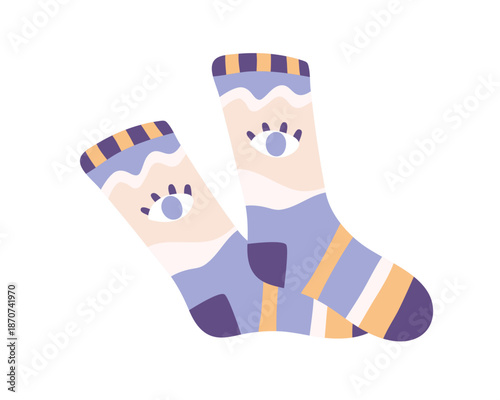 Socks pair with eye and stripes. Warm cotton footwear with modern style patte...