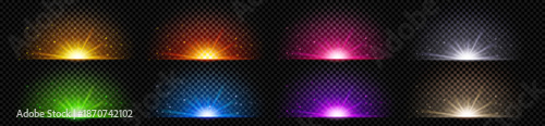 Professional Collection of Multicolored Horizon Light Bursts and Rising Sun Effects, Radiant Glows with Shimmering Particles and Light Rays on Transparent Checkered Background