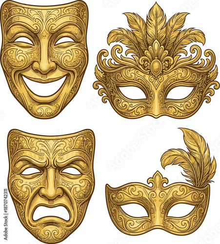 Gold theatrical and masquerade masks with ornate filigree details and feathers symbolizing drama, carnival celebration, Mardi Gras, and costume party themes