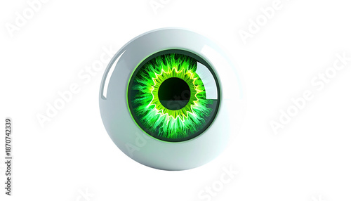 A vibrant, close-up digital eye with a bright green iris