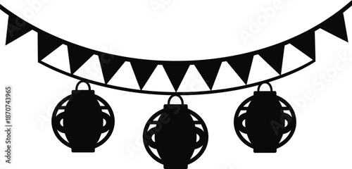 Silhouette festive garland with hanging lanterns and triangular pennant flags for party decoration, celebration, and seasonal event design elements