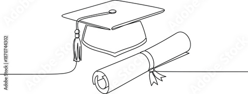 Minimal graduation cap and diploma line art illustration symbolizing education success achievement ceremony learning academic milestone vector design concept outline