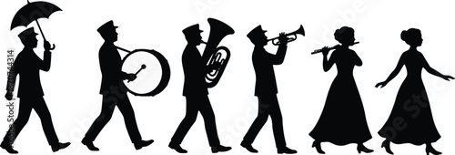 Silhouette Mardi Gras second line parade with musicians and dancers playing instruments for jazz festival celebration and cultural party design