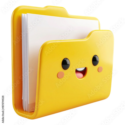 Cute 3d yellow folder character with smiling face for friendly office software student organization and file storage