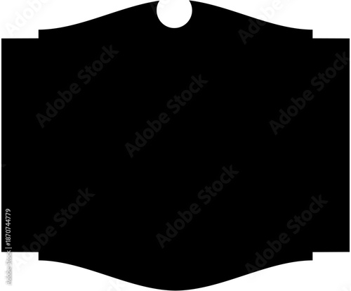 A dark gray label or tag with a hole at the top on a white background