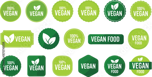 Set of vegan label tags. Natural green product. Fresh eco vegetarian products, healthy food. Organic food labels for emblem, packaging stickers and logos. Veganism, no meat, fresh and nonviolent food