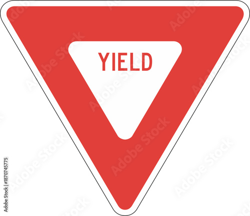 A red and white yield sign on a plain background