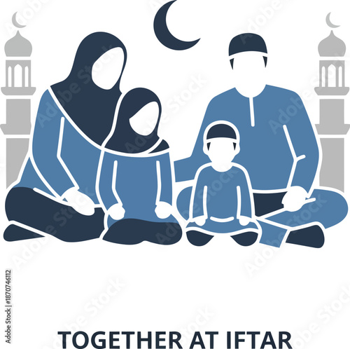 Muslim Family Celebrating Ramadan Iftar Together with Mosque and Crescent Moon Illustration