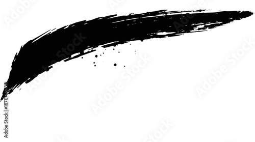 Dynamic black grunge brush stroke with textured paint splatters on a clean white background, creating an artistic and expressive abstract design.