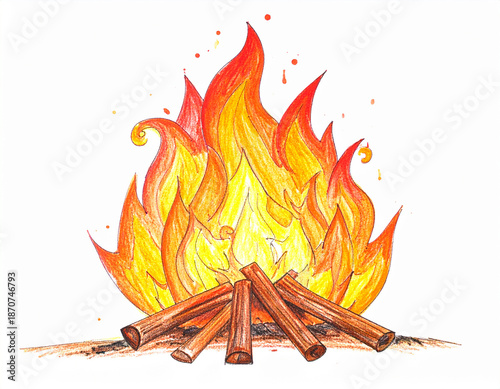 color pencils drawing of fire on a white background
