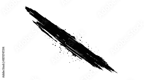 A black ink brush stroke with splatters on a white background.