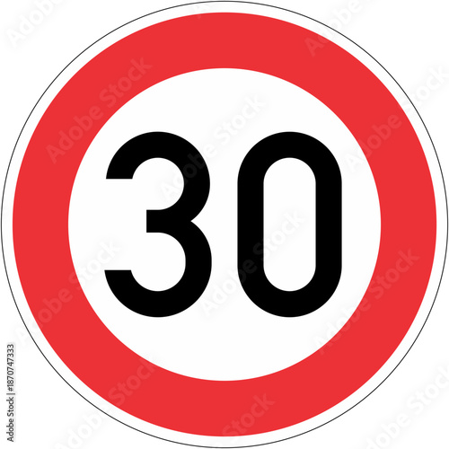 A red and white speed limit sign displaying the number 30 on a plain background