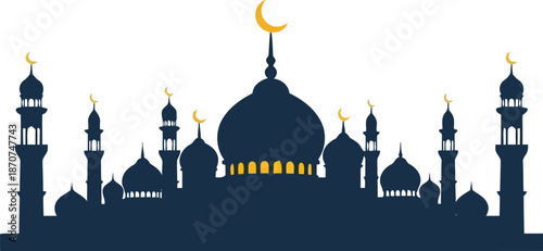 Elegant Ramadan Mosque Silhouette with Crescent Moon for Islamic Holiday Celebrations and Eid Mubarak Designs
