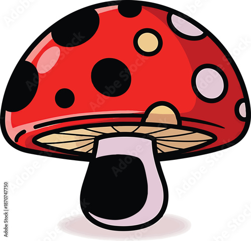 Red mushroom with black spots, white stem, and a checkered background