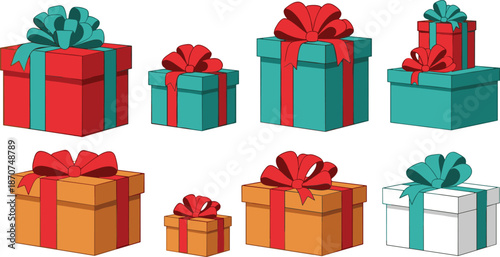 Colorful gift boxes with ribbons and bows set, festive present packaging illustration, holiday celebration birthday surprise vector design
