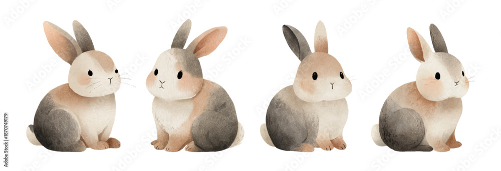 Fototapeta premium Cute bunny watercolor set with charming rabbit characters and Easter elements. Adorable baby animals. illustrations ideal for greeting cards and children's projects. Vector illustration.