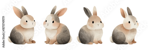 Cute bunny watercolor set with charming rabbit characters and Easter elements. Adorable baby animals. illustrations ideal for greeting cards and children's projects. Vector illustration.