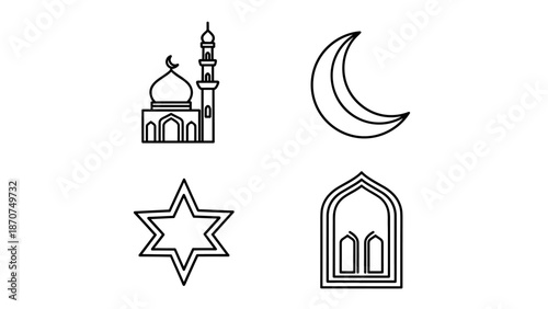 A thoughtfully curated collection of elegant black and white outline vector icons representing Islamic cultural and religious themes, featuring a mosque, crescent moon,