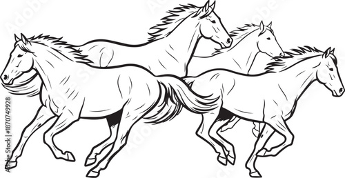 Four horses running together in a cartoon style