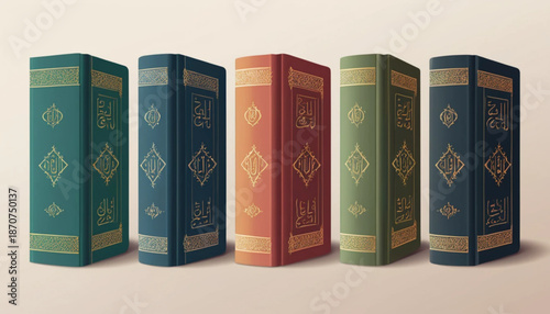 Illustration of six assorted Qur’an book icons arranged in two rows, flat color style with soft shading, simple plain background