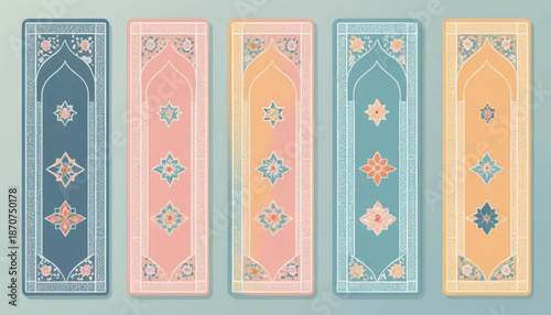 Illustration of six assorted prayer mat icons arranged in two rows, flat color style with soft shading, simple plain background