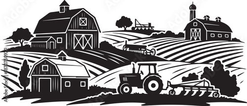 Farm Landscape with Tractor and Barns in Black White