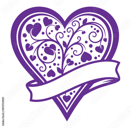 Purple heart shape with ribbon banner and floral pattern design element