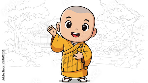 An adorable cartoon baby monk with a bright smile waves cheerfully, standing in front of a subtly sketched traditional temple and trees.