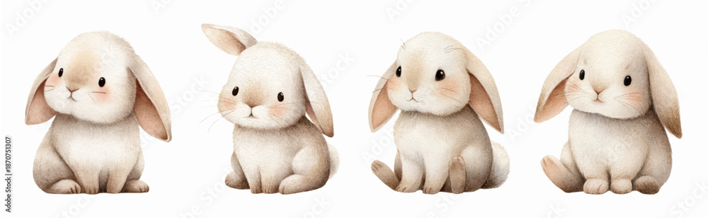 Obraz premium Watercolor set of cute gray bunnies. Baby rabbits hand drawn. Cartoon animal elements for children's, spring and Easter designs. Vector illustration. Vector illustration.
